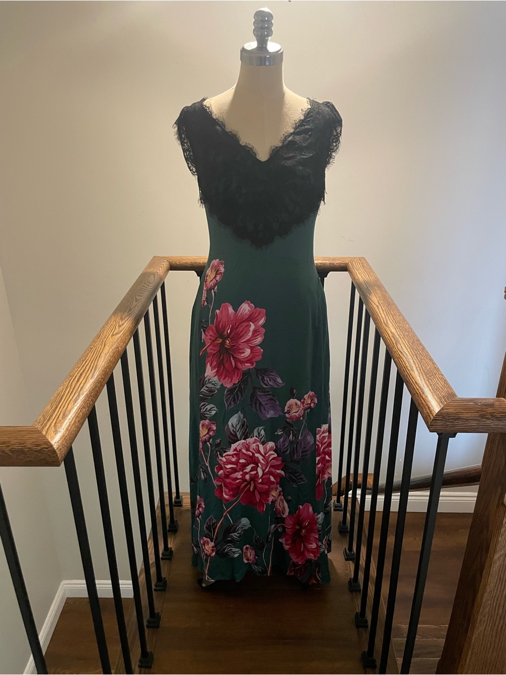 Anthropologie Forest Green Maxi Dress with Black Lace and Pink Floral size 14/16